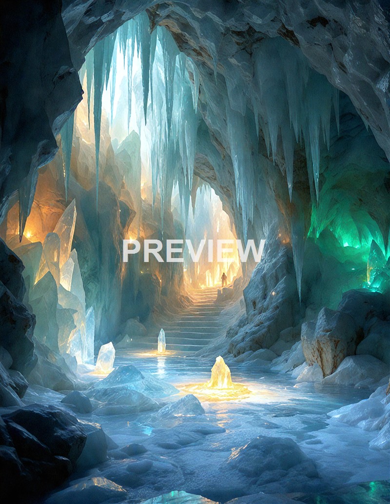 An illuminated ice cave with stalactites hanging from the ceiling, glowing with various colors of light reflecting off the icy walls and floor, creating a magical and surreal atmosphere.